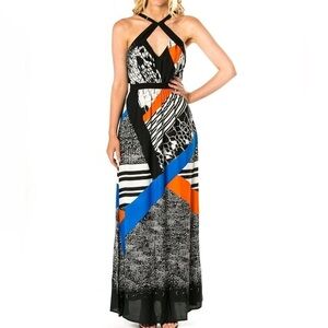 Twelfth St. by Cynthia Vincent Blue Black Orange Abstract Front Cross Maxi Dress